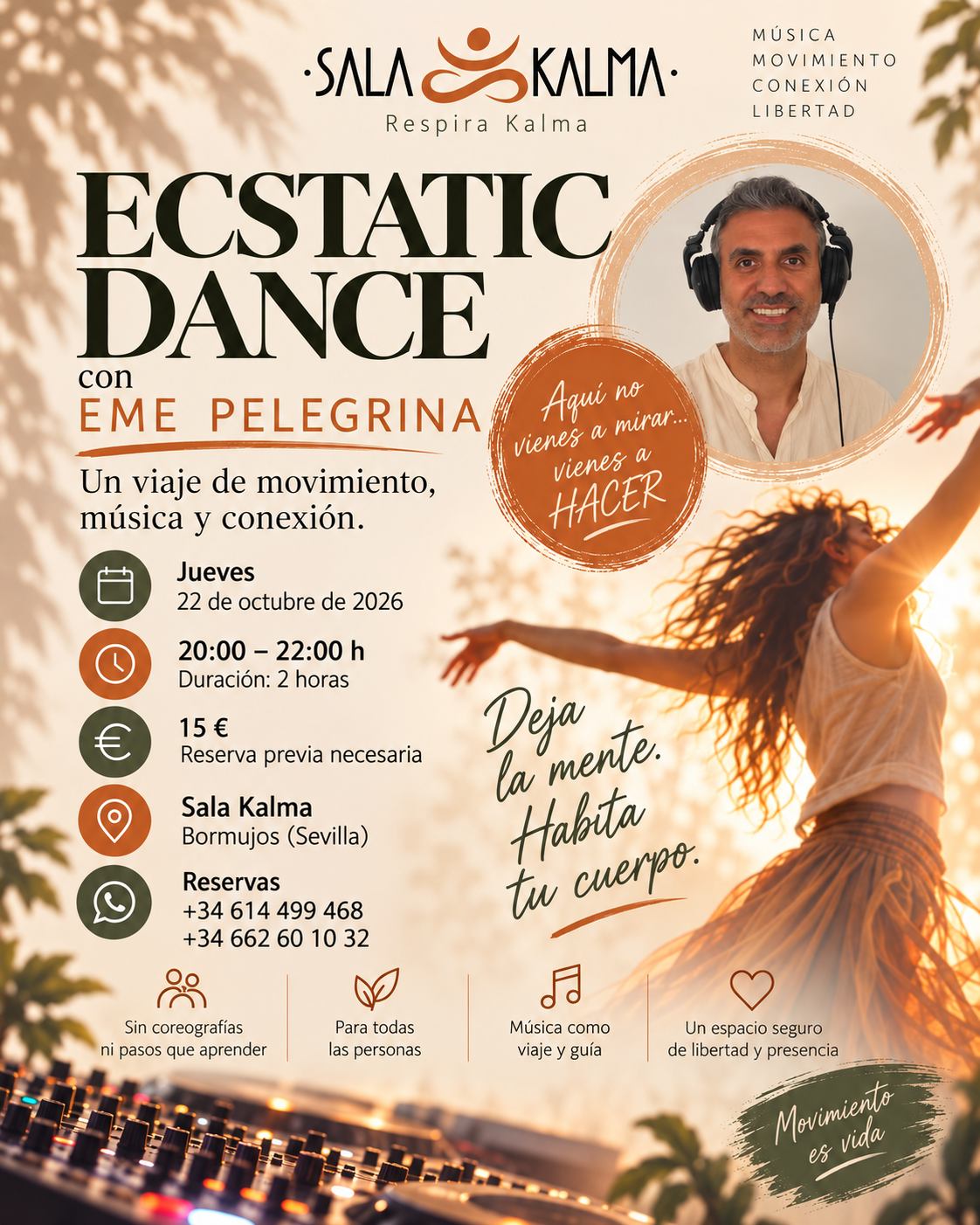 Ecstatic Dance con Eme Pelegrina en Sala Kalma, Bormujos, 22 de octubre de 2026