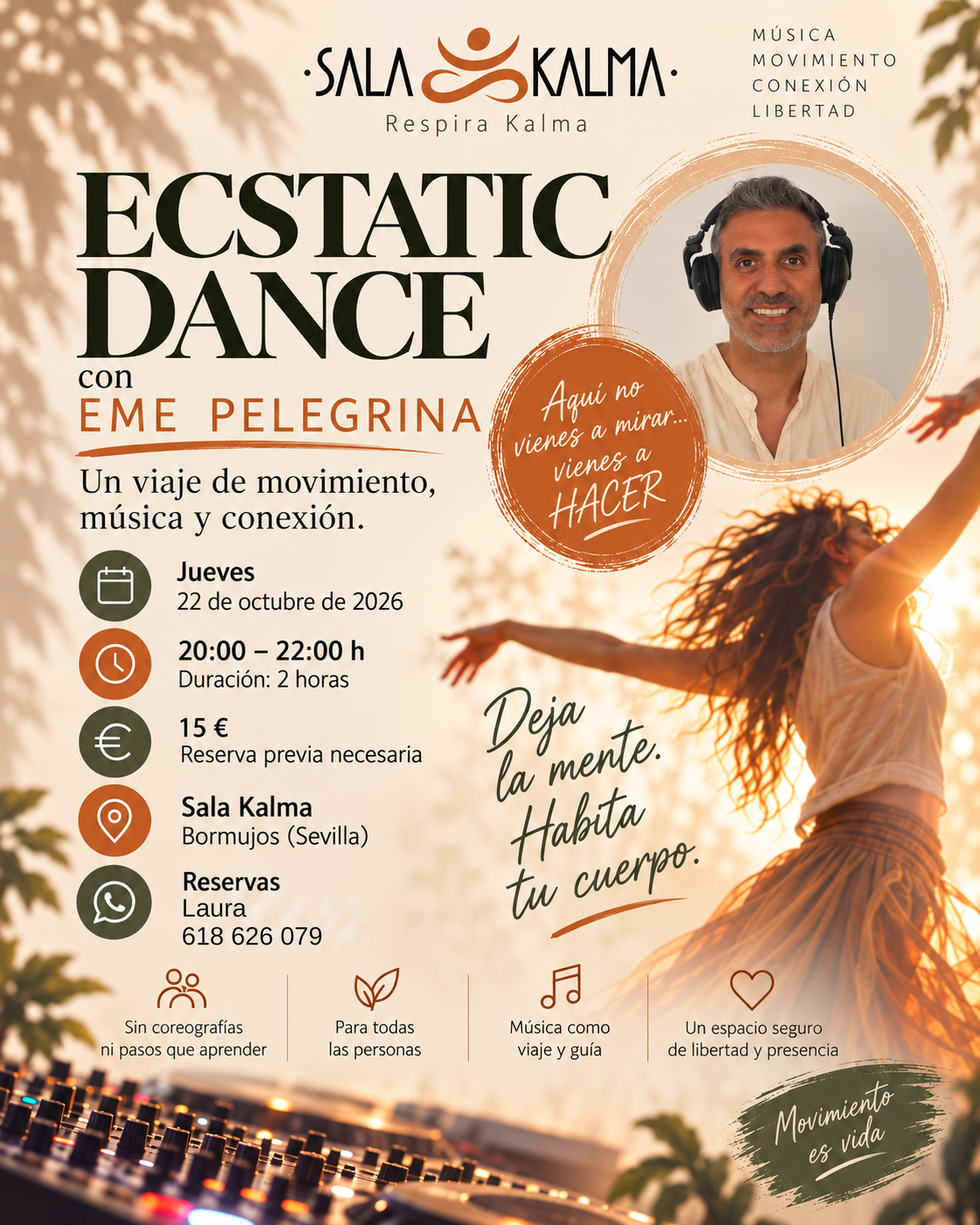Ecstatic Dance con Eme Pelegrina en Sala Kalma, Bormujos, 22 de octubre de 2026